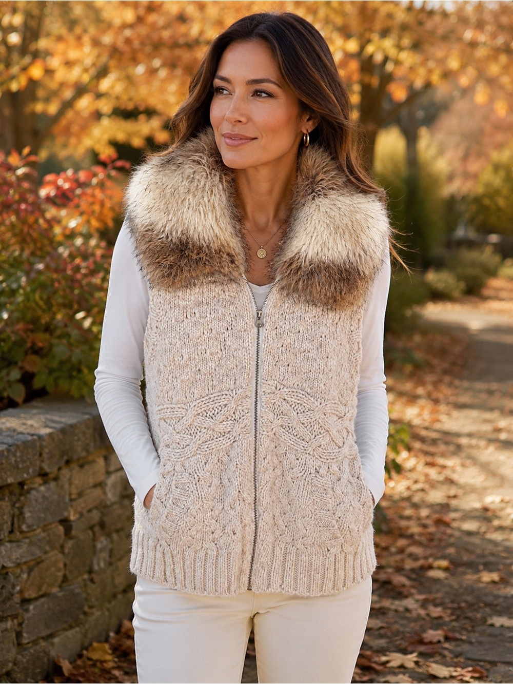 LOFT Cream Cable Knit Zip Vest with Faux Fur Shawl Collar